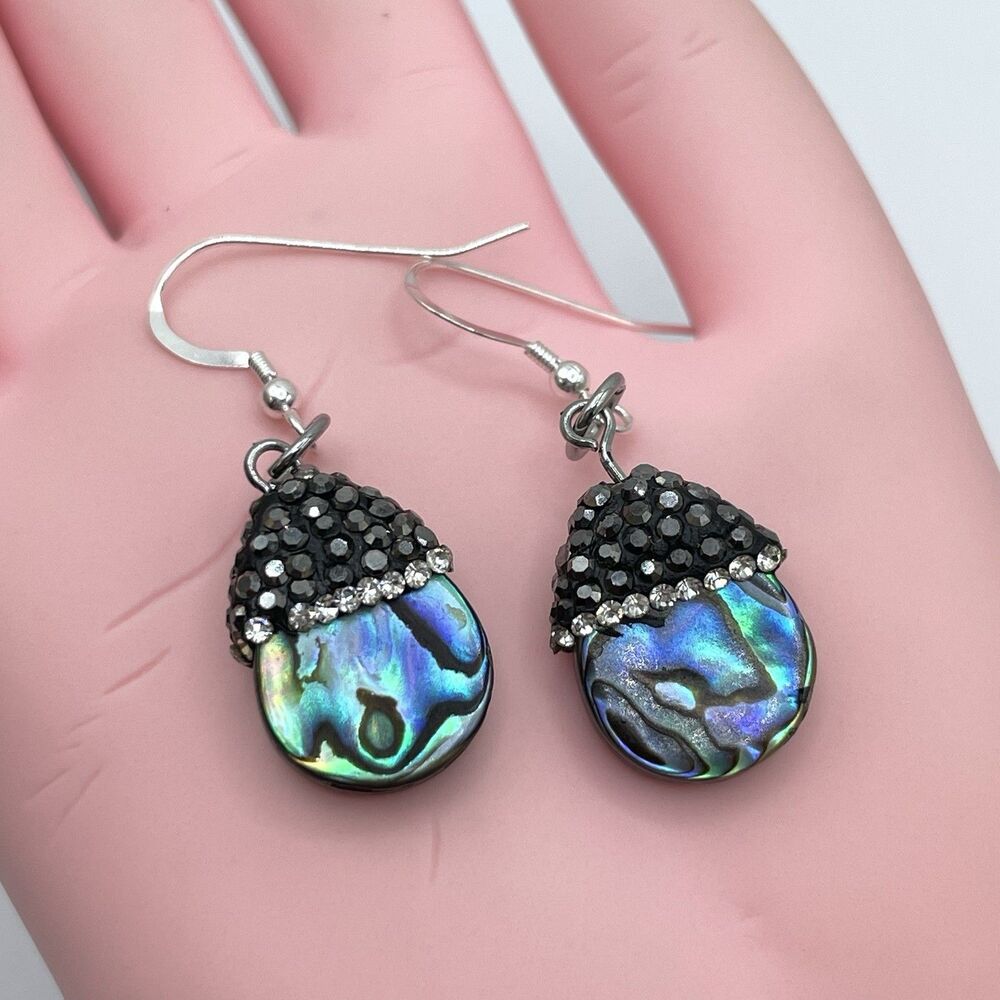 925 Serling Silver Abalone Shell Acorn Dangle Rhinestone Earrings Statement Boho